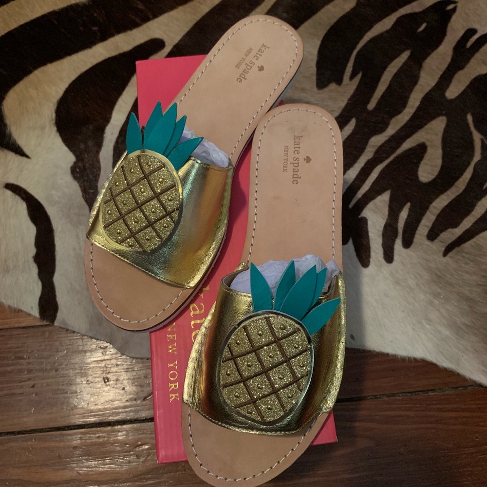 KATE SPADE Pineapple Flats Sandals Slides Sz 9.5